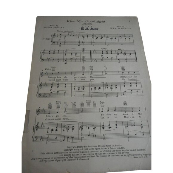 Vtg Sheet Music Piano Ukulele Kiss me Goodnight Play or Frame 1932 - Picture 2 of 4